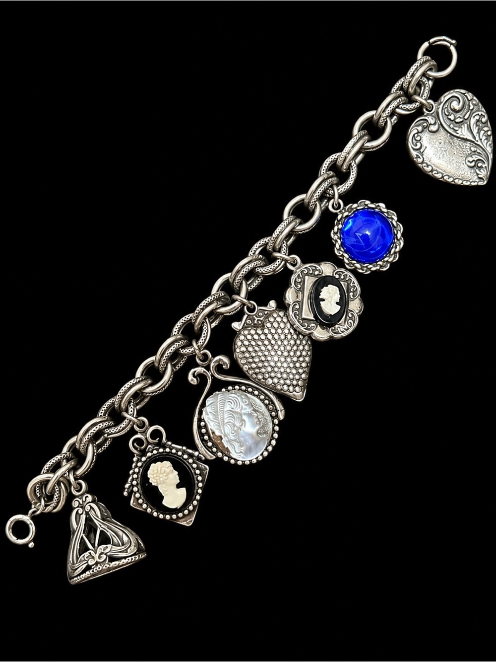 Sterling Silver Heart & Cameo Charm Bracelet in Blue and Silver